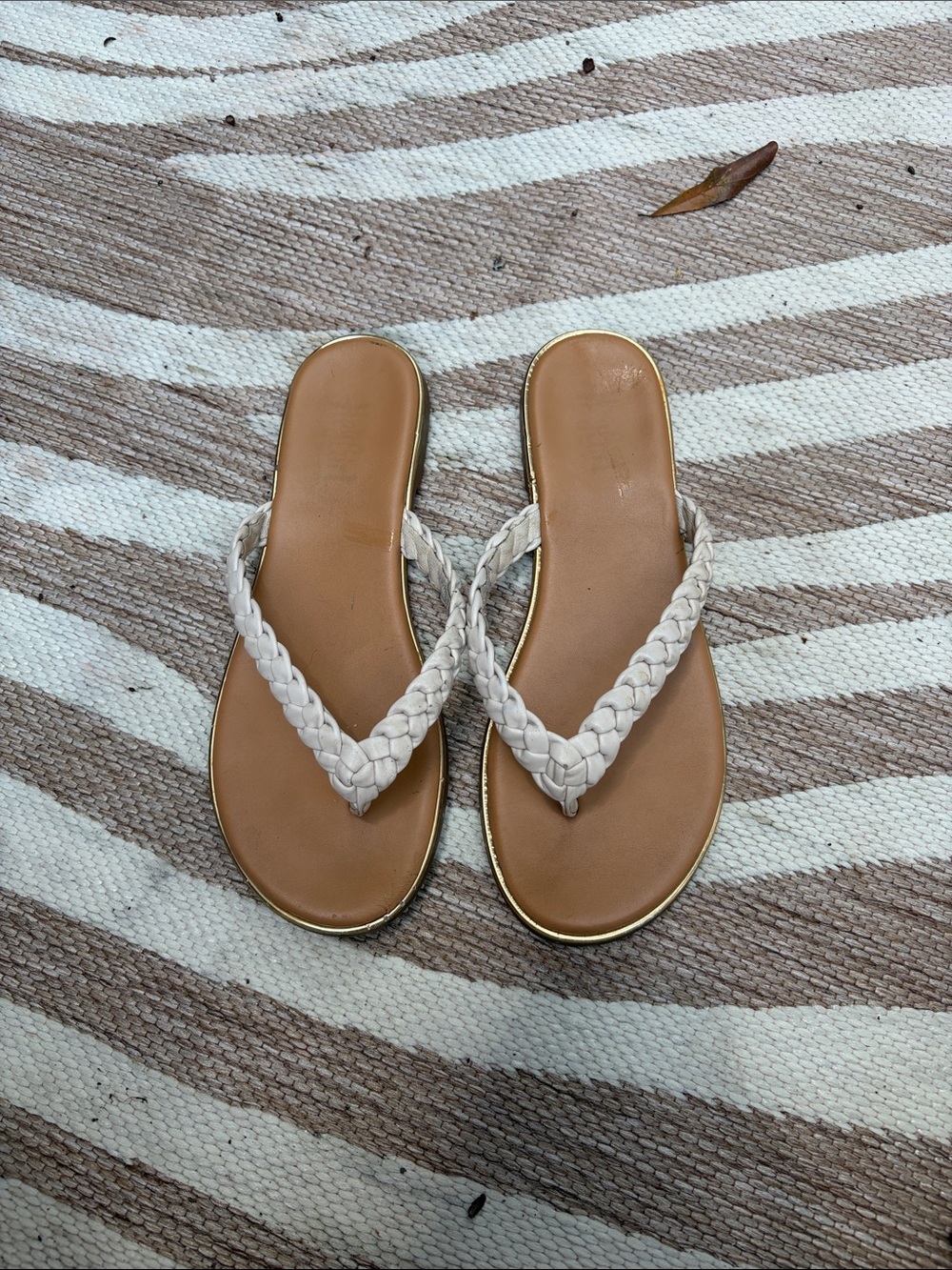 Women’s White Braided-Strap Slide Sandals with Tan Footbed
